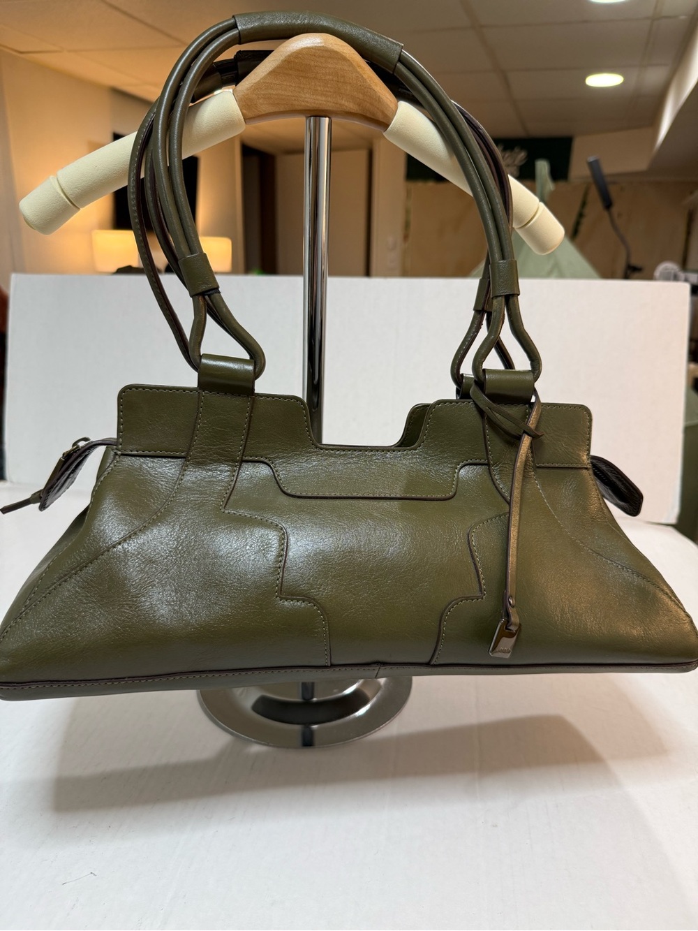 Vintage Hobo International Olive Green Leather Bag Structured Satchel Purse - Picture 2 of 16